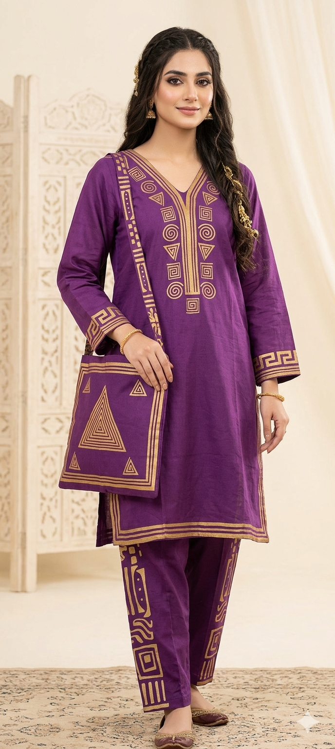 30%Off Eid collection Trending Summer Linen printed Co-ord set with Bag