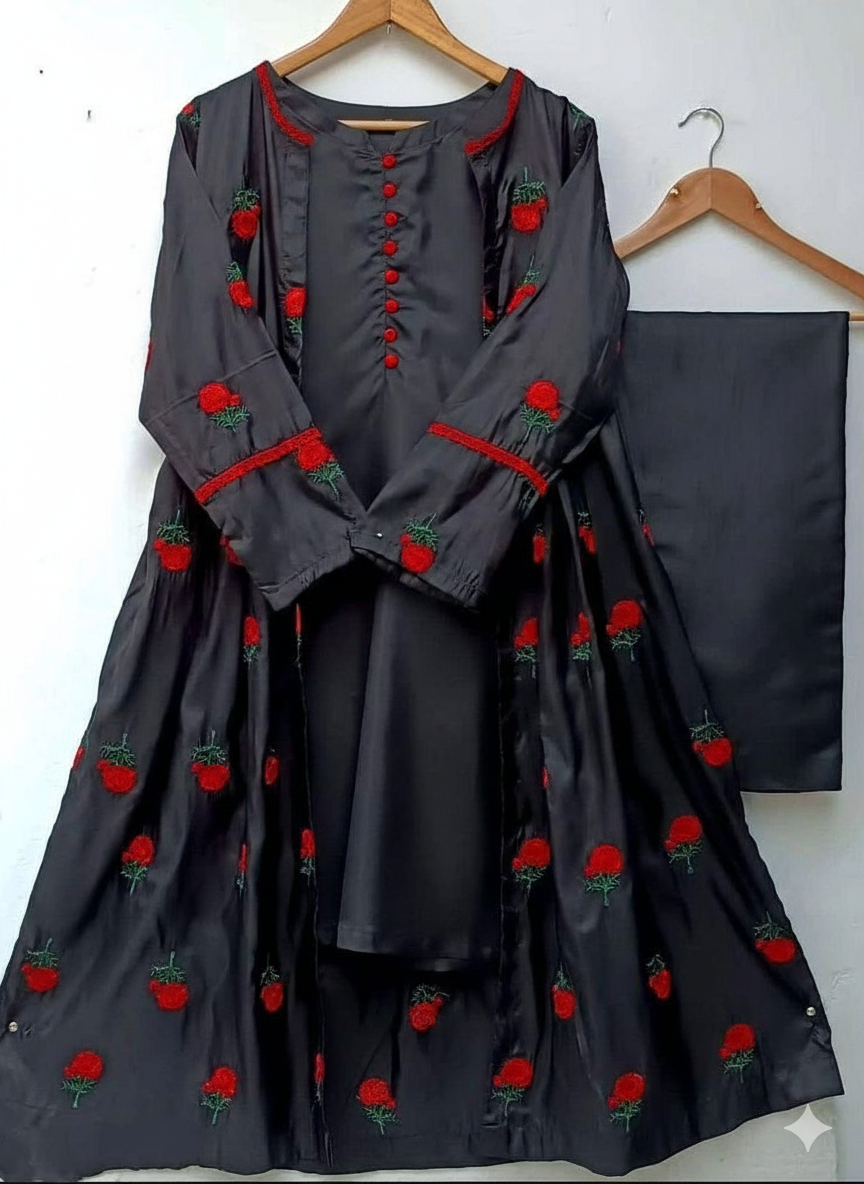 50%Off 3P Trendy Katan Silk Embroided flower gaown dress  (inner +gaown+ trouser)