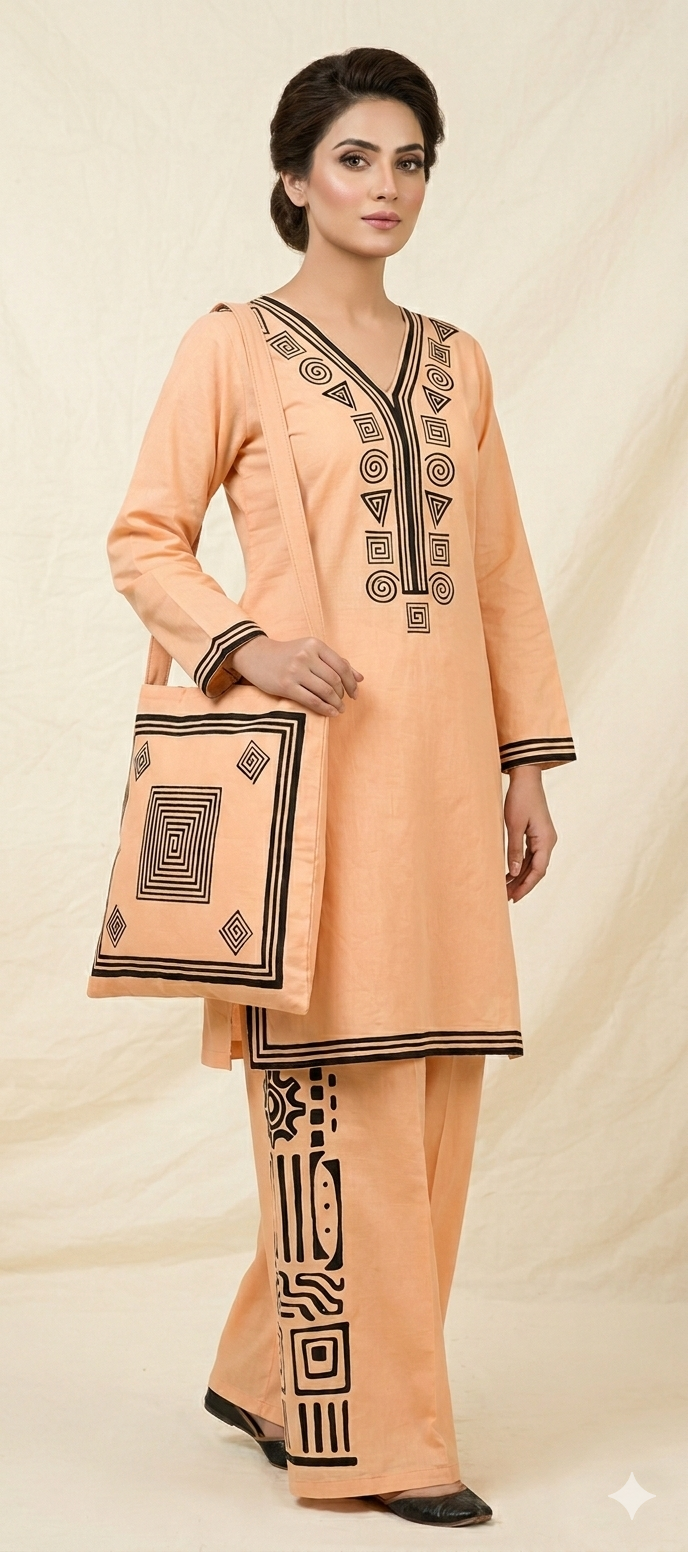 30%Off Eid collection Trending Summer Linen printed Co-ord set with Bag