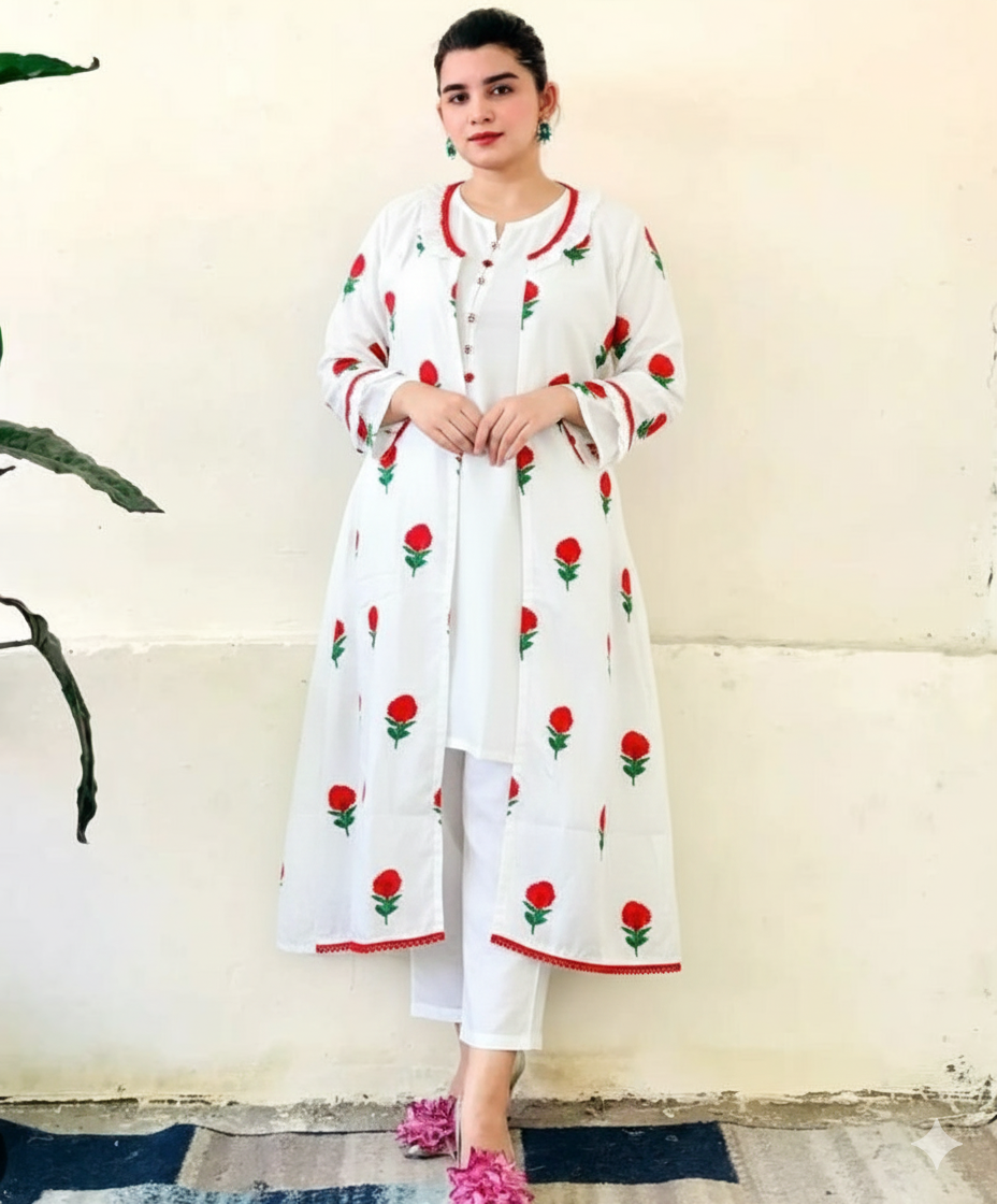 50%Off 3P Trendy Katan Silk Embroided flower gaown dress  (inner +gaown+ trouser)