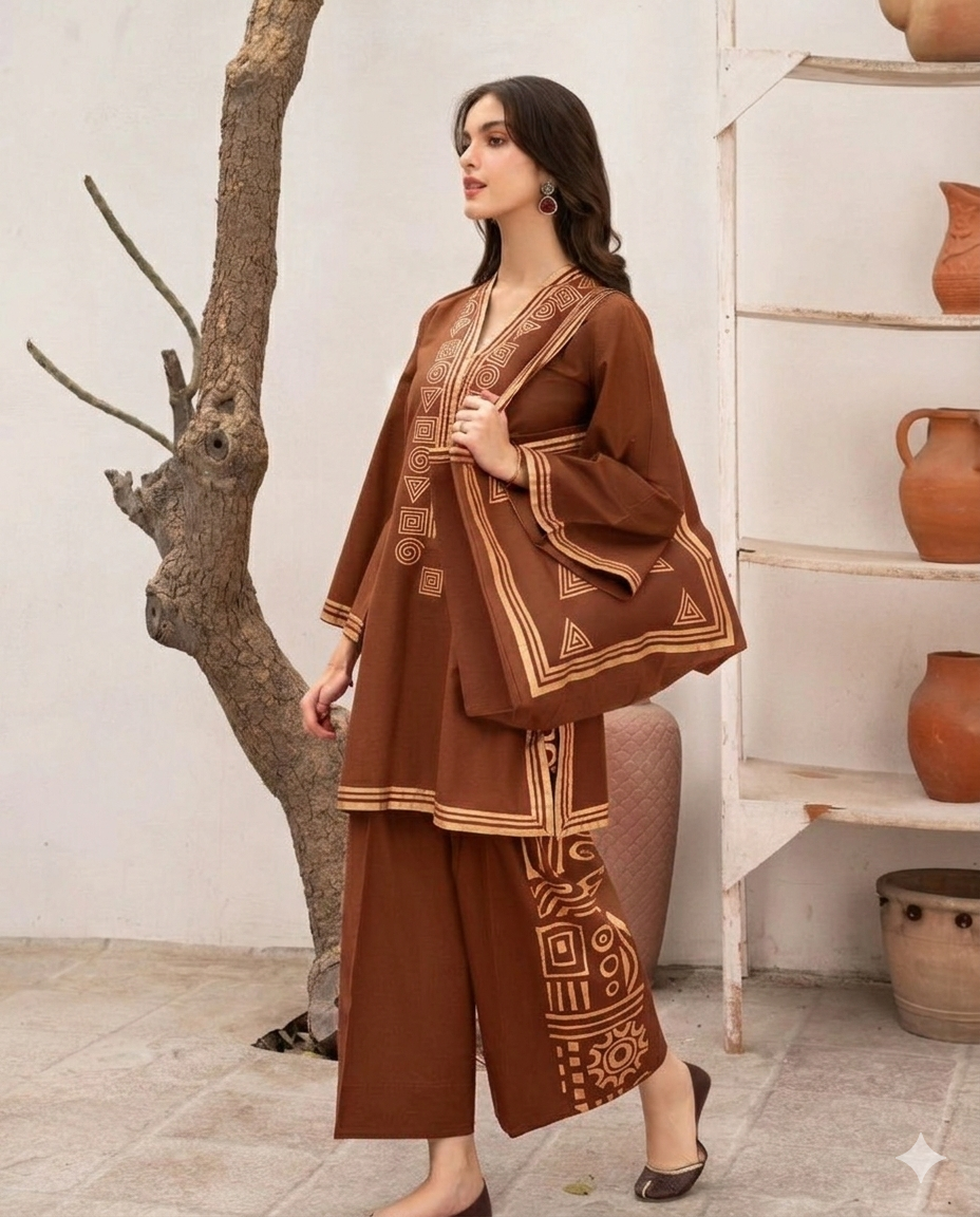 30%Off Eid collection Trending Summer Linen printed Co-ord set with Bag