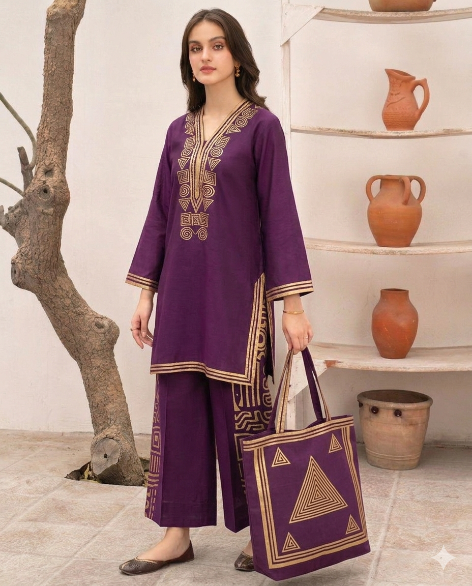 30%Off Eid collection Trending Summer Linen printed Co-ord set with Bag