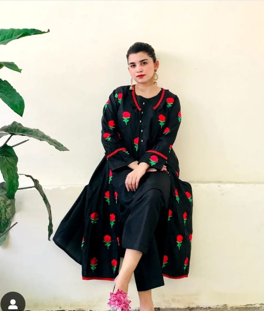 50%Off 3P Trendy Katan Silk Embroided flower gaown dress  (inner +gaown+ trouser)