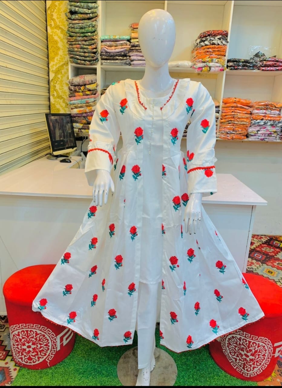 50%Off 3P Trendy Katan Silk Embroided flower gaown dress  (inner +gaown+ trouser)