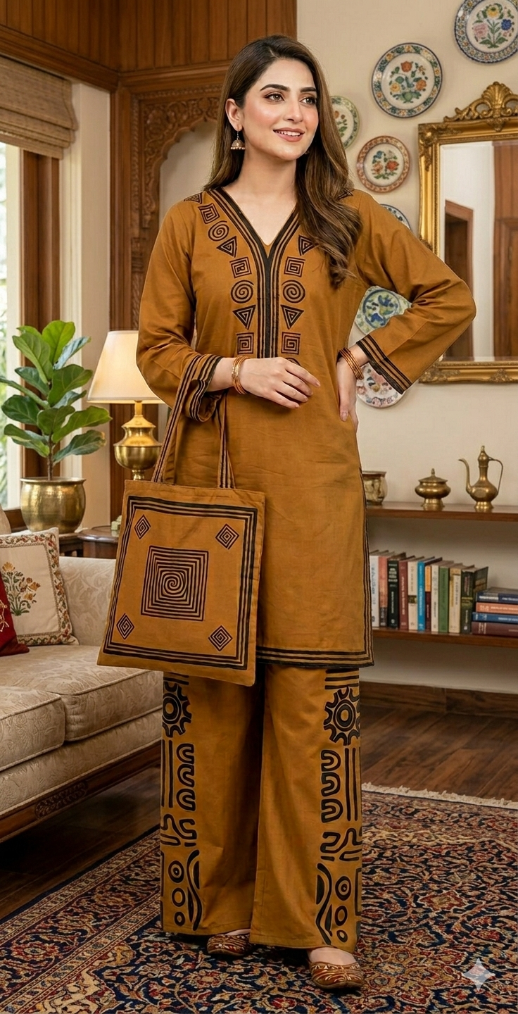 30%Off Eid collection Trending Summer Linen printed Co-ord set with Bag