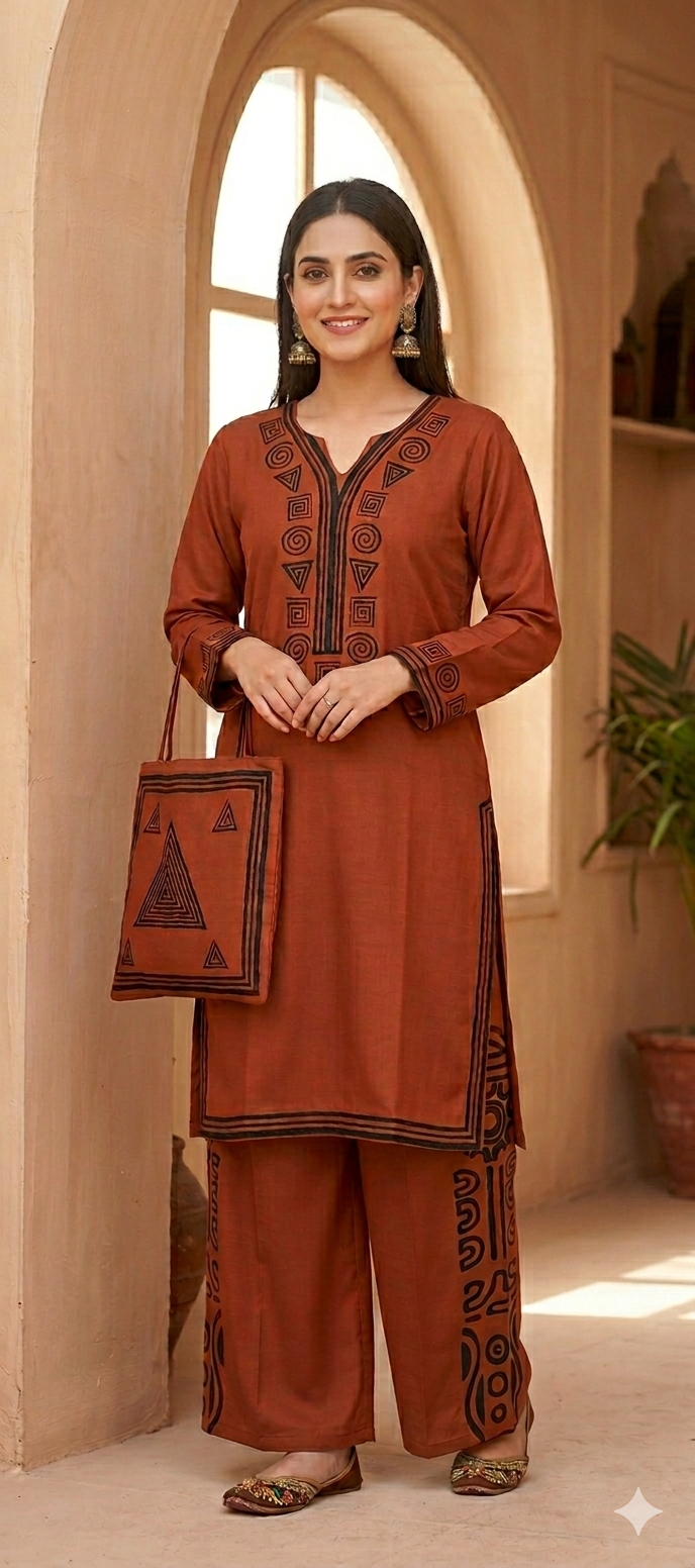 30%Off Eid collection Trending Summer Linen printed Co-ord set with Bag