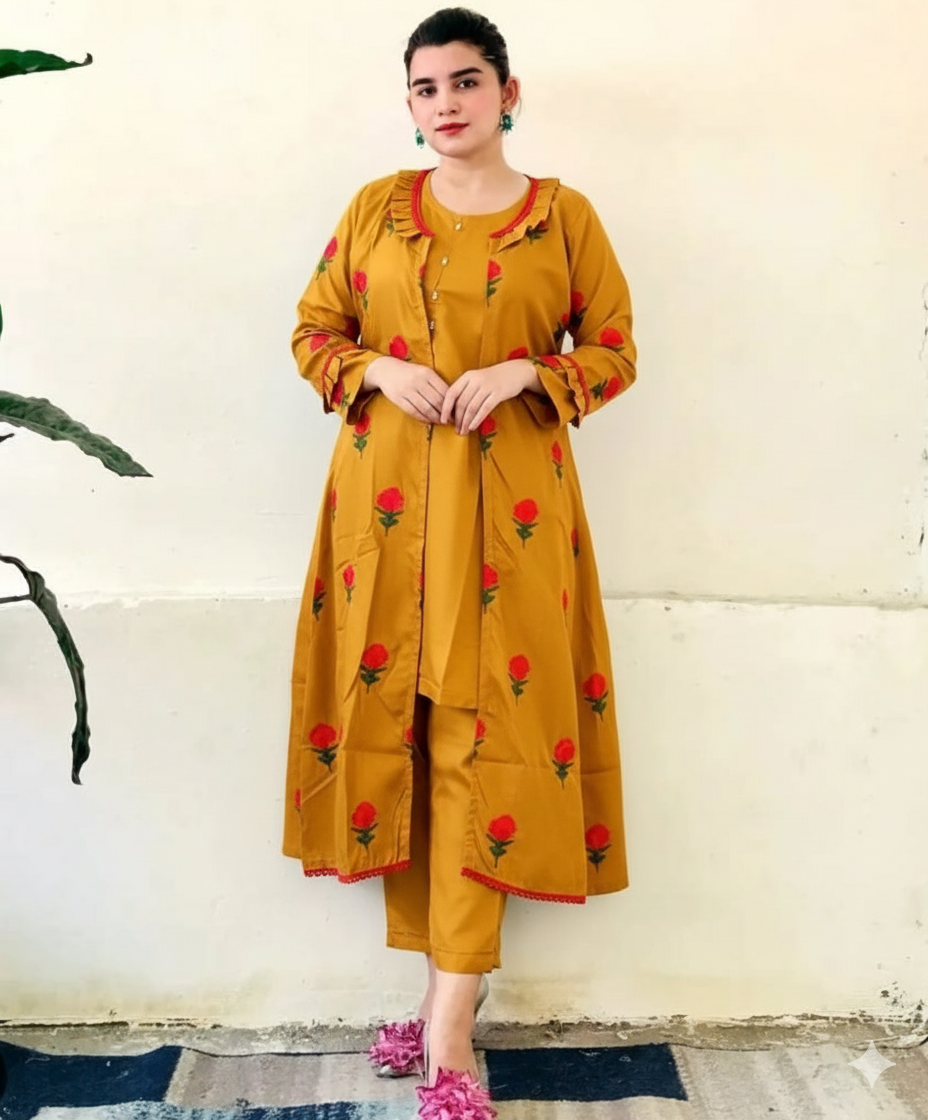 50%Off 3P Trendy Katan Silk Embroided flower gaown dress  (inner +gaown+ trouser)