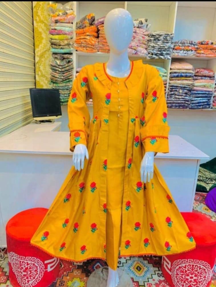 50%Off 3P Trendy Katan Silk Embroided flower gaown dress  (inner +gaown+ trouser)