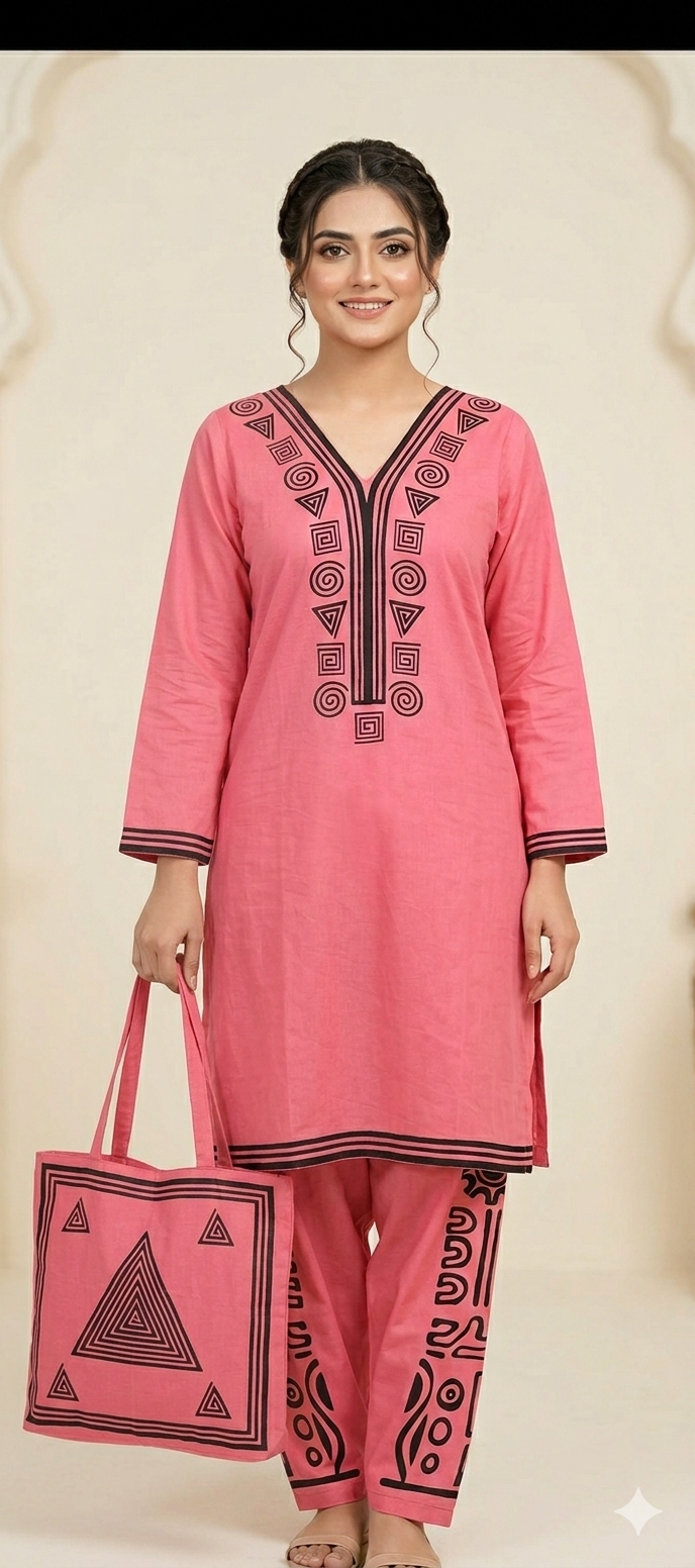 30%Off Eid collection Trending Summer Linen printed Co-ord set with Bag