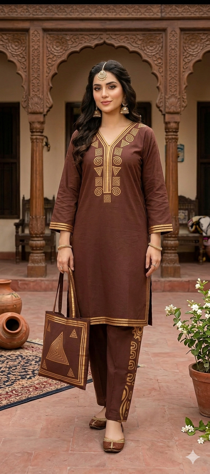 30%Off Eid collection Trending Summer Linen printed Co-ord set with Bag