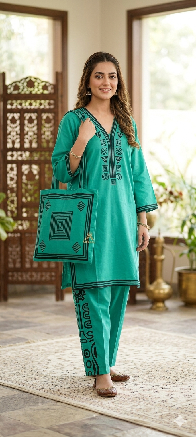 30%Off Eid collection Trending Summer Linen printed Co-ord set with Bag