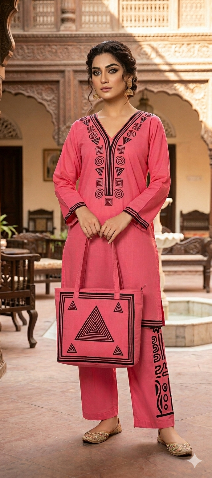 30%Off Eid collection Trending Summer Linen printed Co-ord set with Bag
