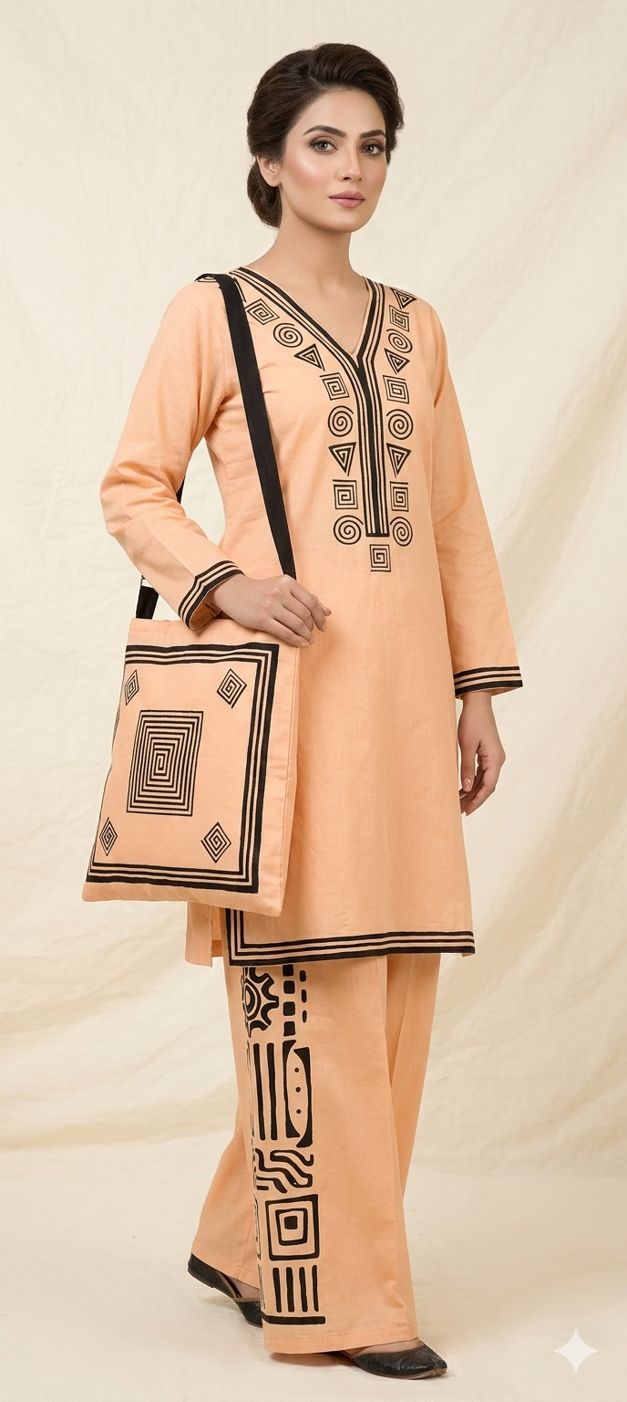 30%Off Eid collection Trending Summer Linen printed Co-ord set with Bag