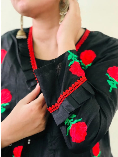 50%Off 3P Trendy Katan Silk Embroided flower gaown dress  (inner +gaown+ trouser)