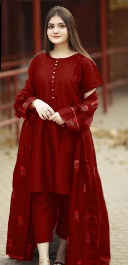 50%Off 3P Trendy Katan Silk Embroided flower gaown dress  (inner +gaown+ trouser)