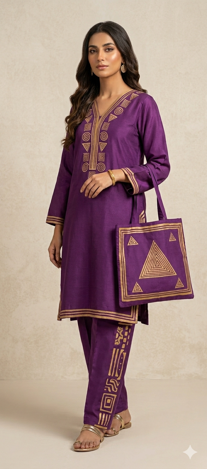 30%Off Eid collection Trending Summer Linen printed Co-ord set with Bag