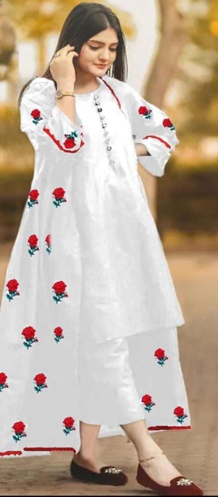 50%Off 3P Trendy Katan Silk Embroided flower gaown dress  (inner +gaown+ trouser)