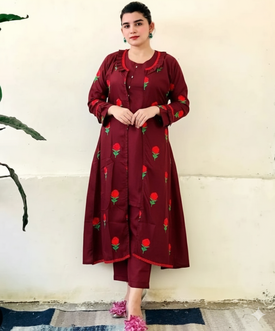50%Off 3P Trendy Katan Silk Embroided flower gaown dress  (inner +gaown+ trouser)
