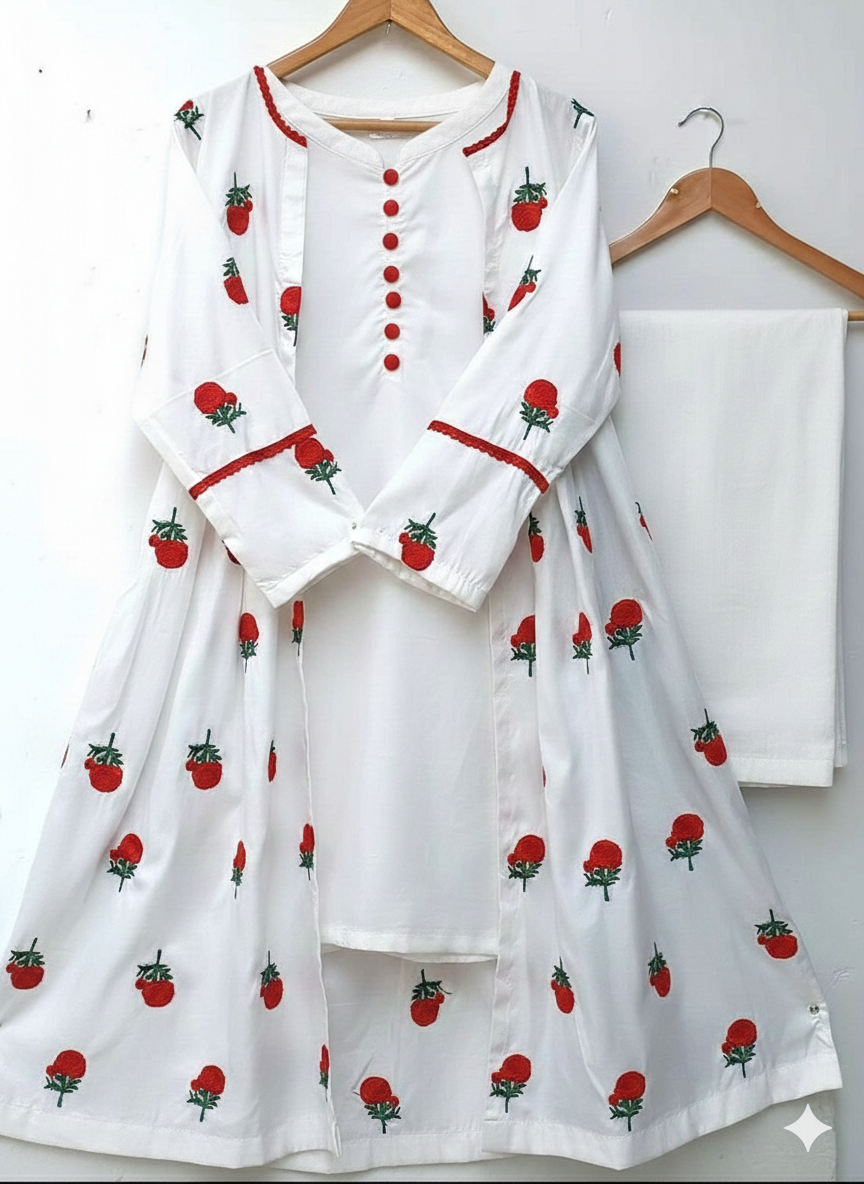 50%Off 3P Trendy Katan Silk Embroided flower gaown dress  (inner +gaown+ trouser)