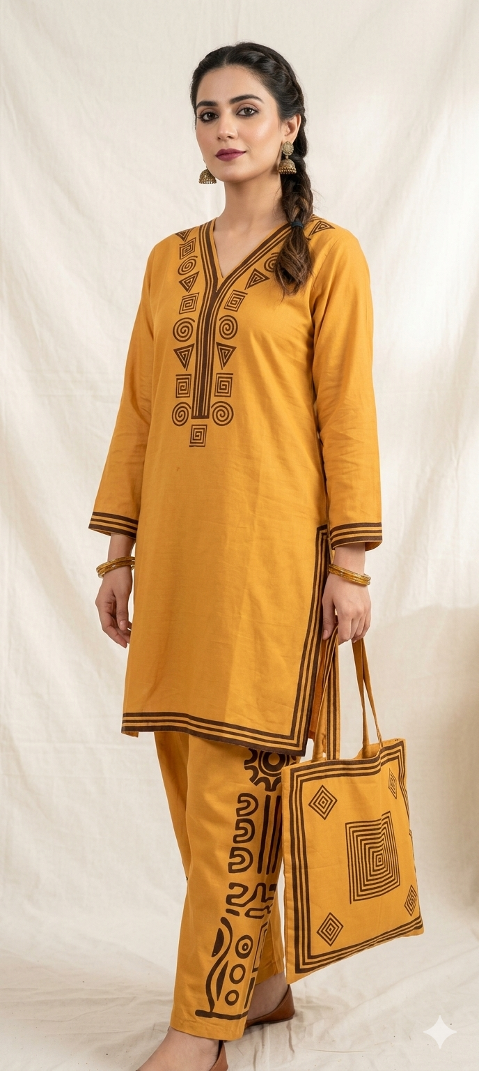 30%Off Eid collection Trending Summer Linen printed Co-ord set with Bag