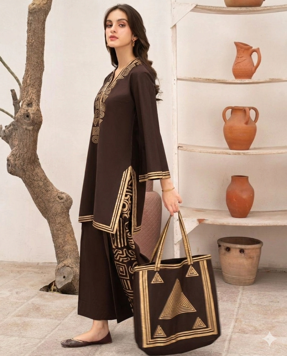 30%Off Eid collection Trending Summer Linen printed Co-ord set with Bag