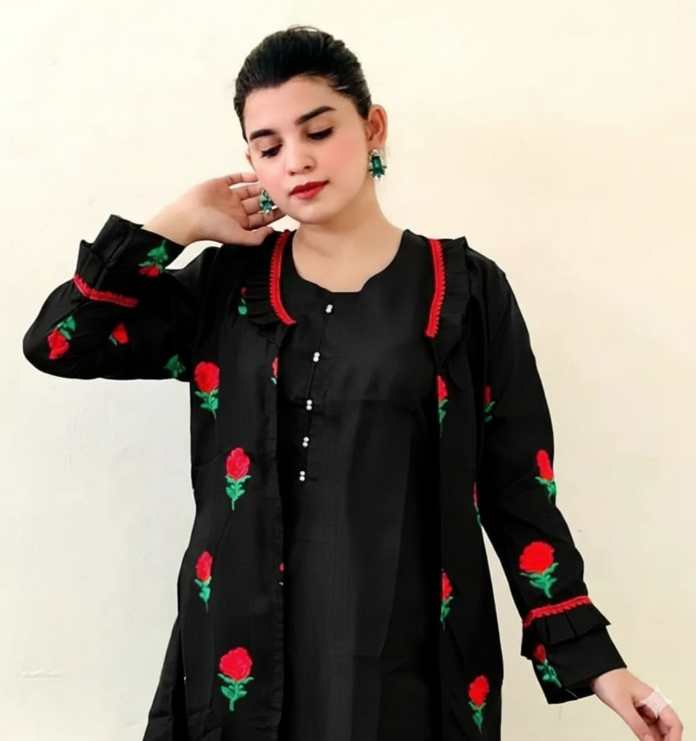 50%Off 3P Trendy Katan Silk Embroided flower gaown dress  (inner +gaown+ trouser)