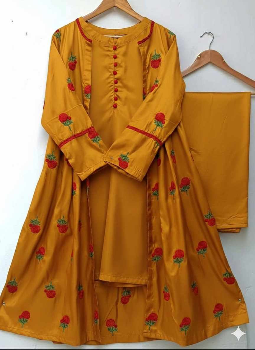 50%Off 3P Trendy Katan Silk Embroided flower gaown dress  (inner +gaown+ trouser)