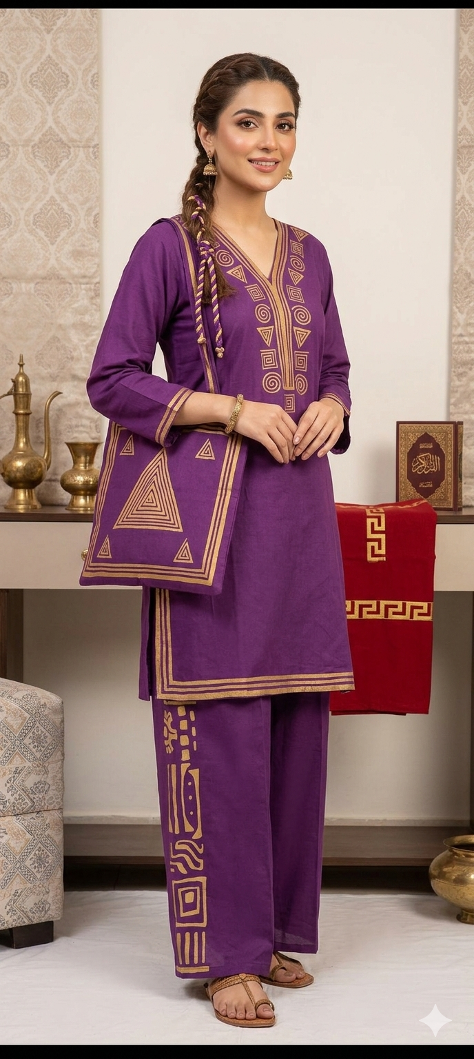30%Off Eid collection Trending Summer Linen printed Co-ord set with Bag