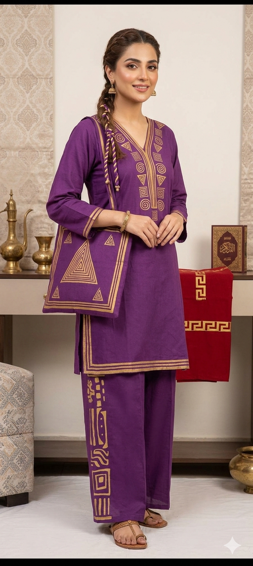 30%Off Eid collection Trending Summer Linen printed Co-ord set with Bag