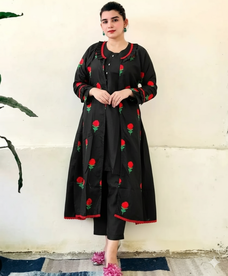 50%Off 3P Trendy Katan Silk Embroided flower gaown dress  (inner +gaown+ trouser)