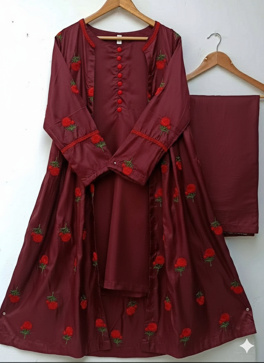 50%Off 3P Trendy Katan Silk Embroided flower gaown dress  (inner +gaown+ trouser)