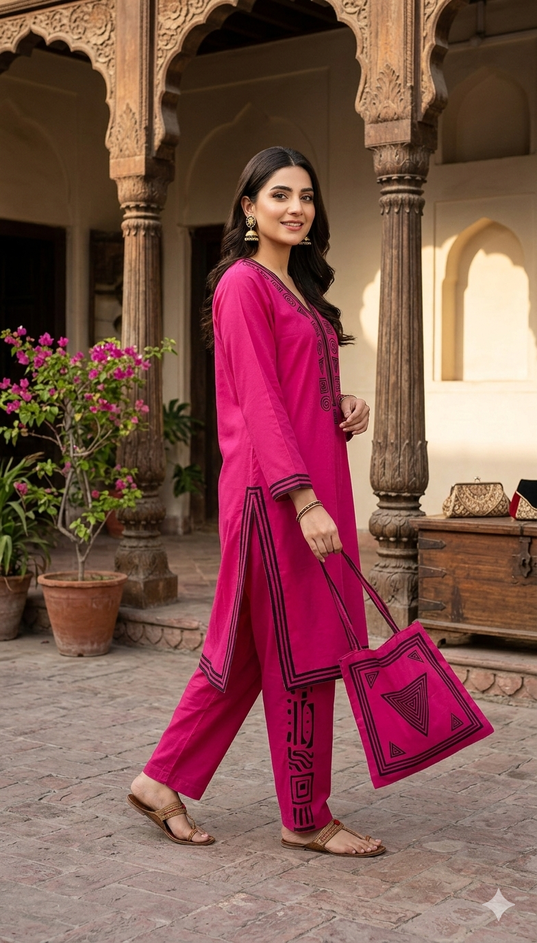 30%Off Eid collection Trending Summer Linen printed Co-ord set with Bag