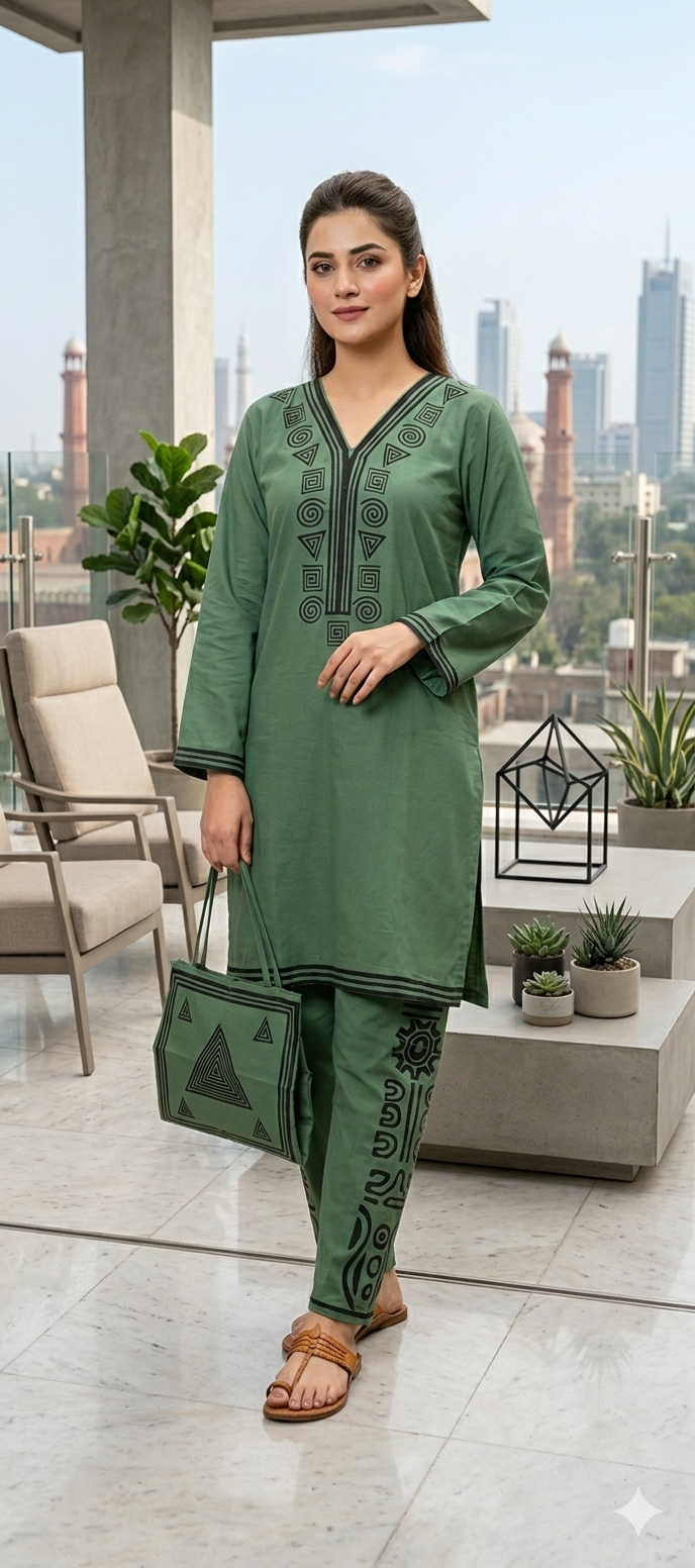 30%Off Eid collection Trending Summer Linen printed Co-ord set with Bag