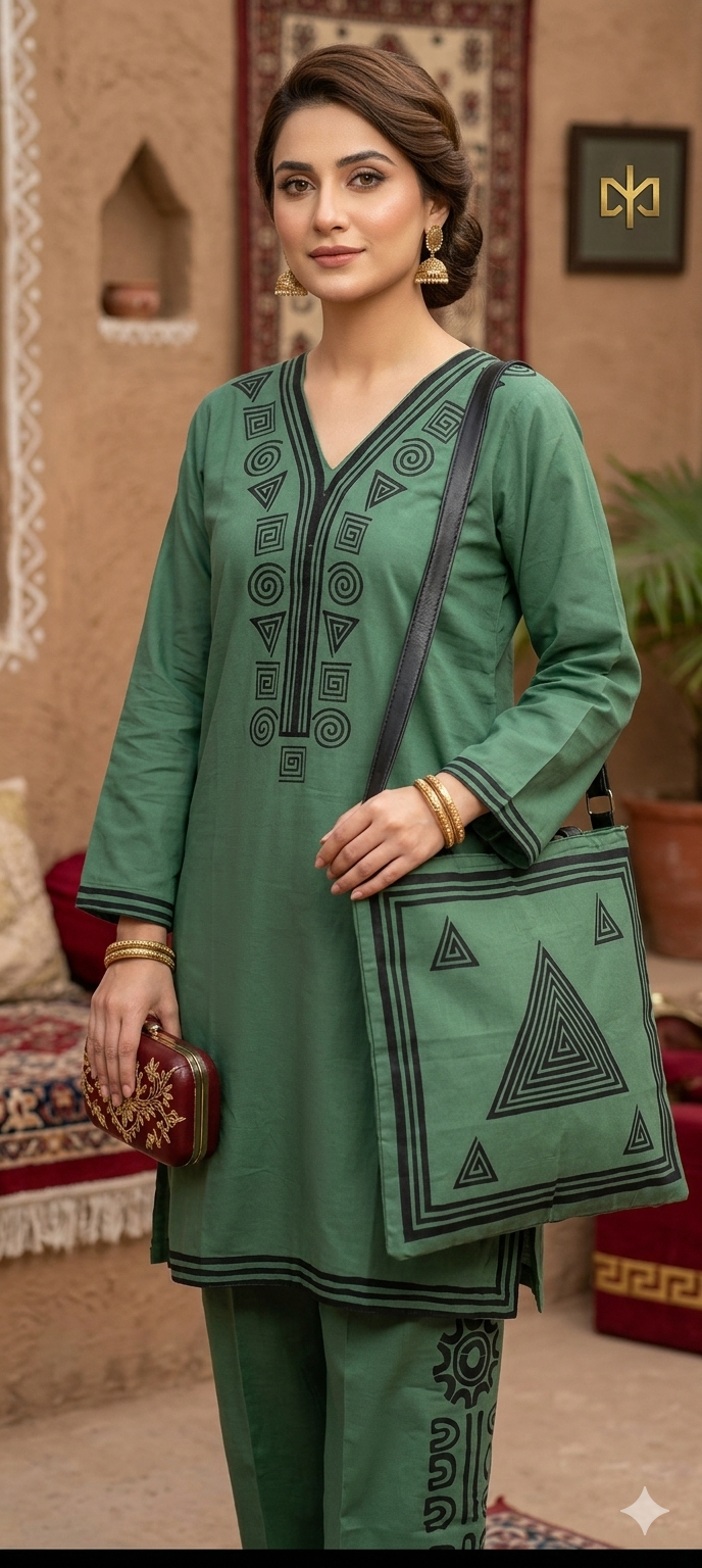 30%Off Eid collection Trending Summer Linen printed Co-ord set with Bag